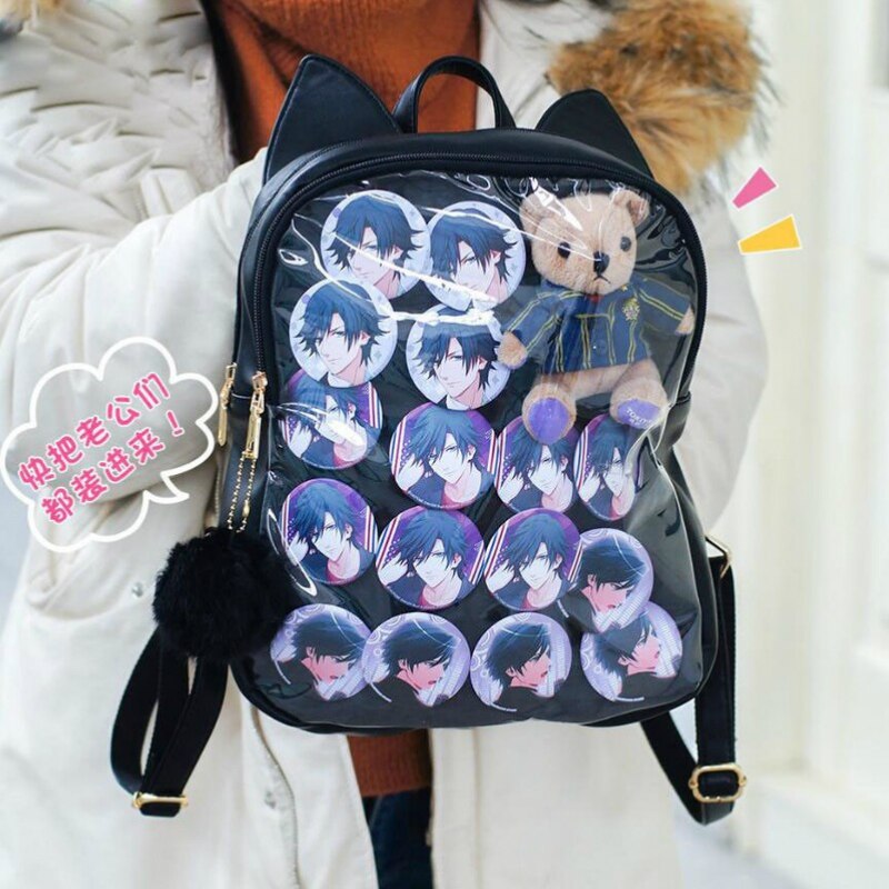 black Sweet Lolita Japanese Anime Neko Atsume Korea Cute Cat Ears Transparent Backpack Ita Bag PU 2 - Ita Bag World