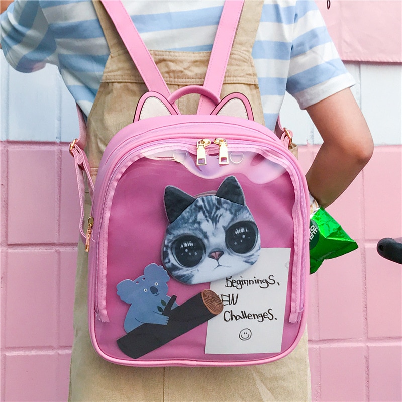 MSMO Lovely Cat Ear Leather Backpacks Candy Color Transparent Bag Women Shoulder Bags School Teenage Girls 6 - Ita Bag World