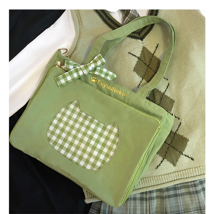 Ita Bag Shoulder Bag - Cute Bow Plaid Cat Double-sided Handbag