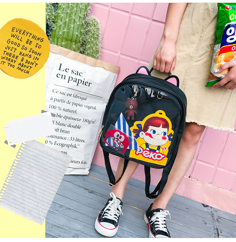 MSMO Lovely Cat Ear Leather Backpacks Candy Color Transparent Bag Women Shoulder Bags School Teenage Girls Travel Bagpack Itabag