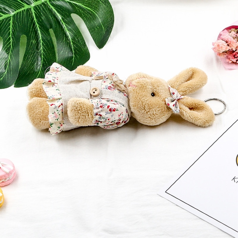 Cute Girls Country style Linen Teddy Bear Keychain Women Couple Rabbit Keychain On Bag Car Trinket Female Wedding Party Toy Gift
